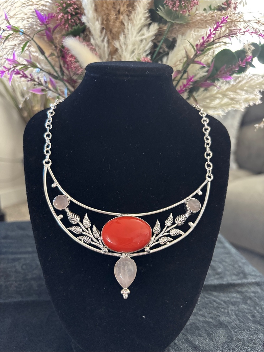 Sterling silver Elegant Red Coral Cabochon & Rose Quartz Gemstone Necklace.